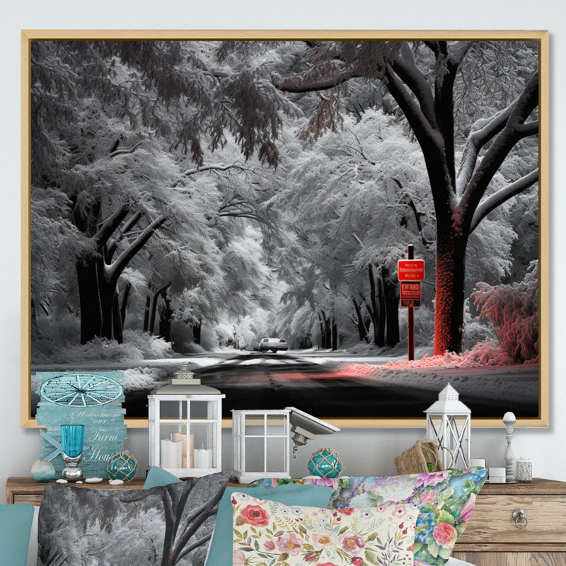 «Red and White Winter Silent Symphony II», reproduction d'art sur toile, H 12 po x l 20 po x P 1 po, Cadre naturel flottant