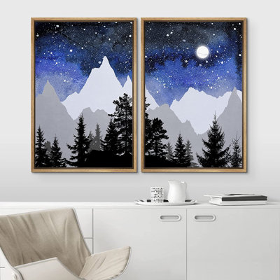 Sun Mountain Range " Blue & Black Watercolor Star Sky & Mountain Forest " 2 - Pieces