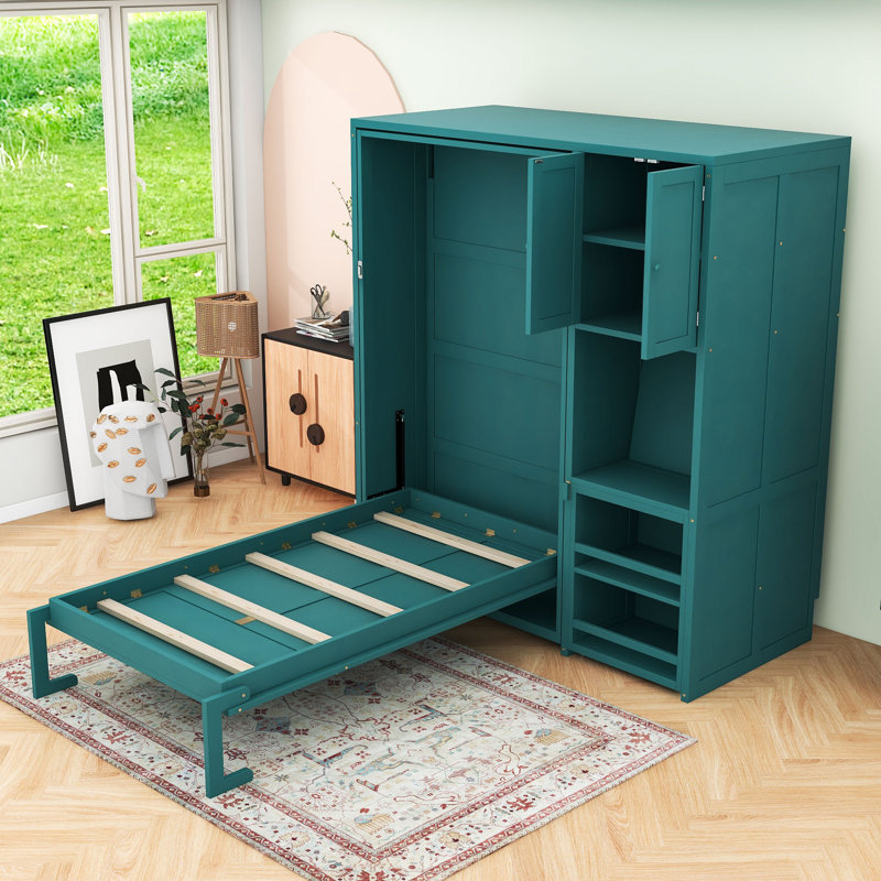 Multifunctional Twin Wooden Murphy Bed with Built-in Storage Shelves and Extendable Desk, Teal