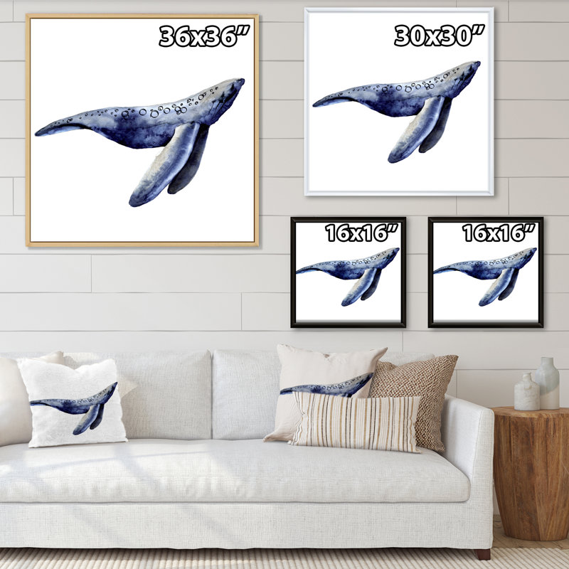 Baleine bleue sur fond blanc - peinture sur toile, H 30 po x l 30 po x P 1 po, Cadre flottant noir
