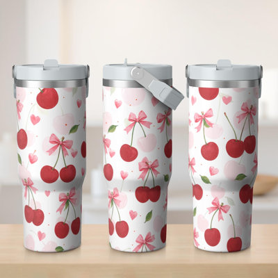 30 oz Tumbler  with Lid and handle  Stainless steel  Insulated tumblers  Cute water bottle with Flip(Cherry)