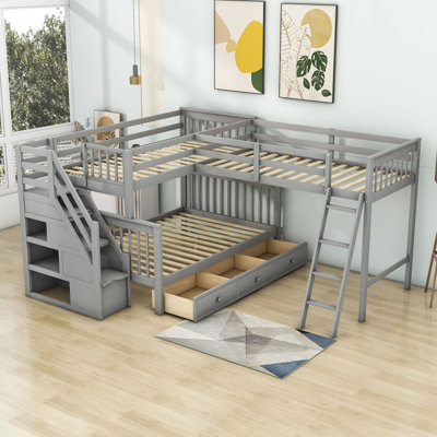 Hoople Twin over Full L-Shaped Wood Bunk Bed With 3 Drawers, Ladder and Stair