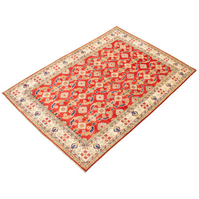 Tapis unique en laine noué à la main rouge Gazni des années 2010 de 6 pi 6 po x 9 pi 6 po Qaiden