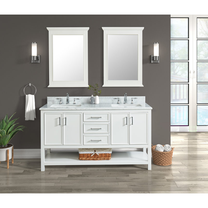 Meuble-lavabo double 60 po Manhattan avec comptoir en marbre de Carrare, pré-assemblé, Blanc