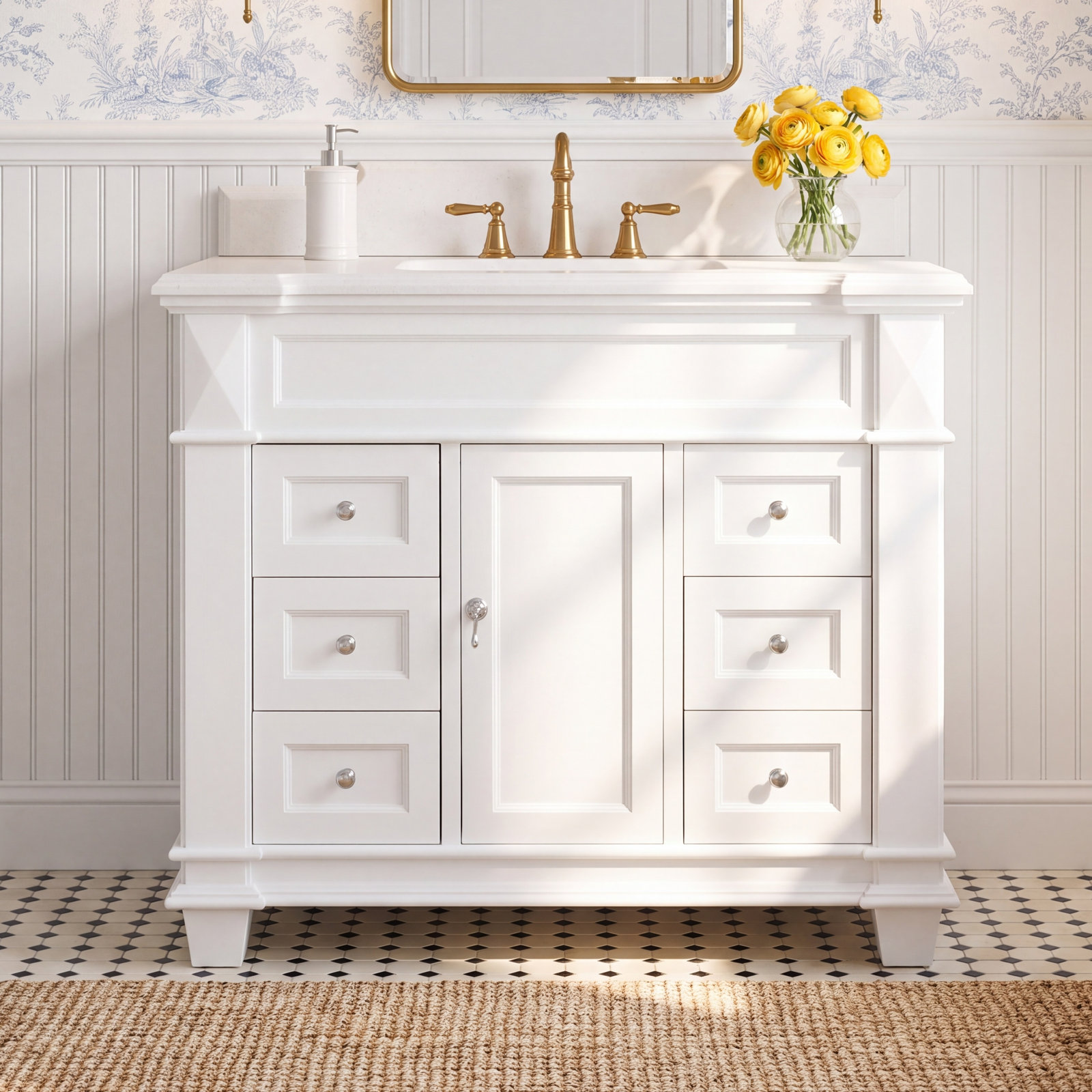 42 " Pine Single Bathroom Vanity, Quartz, White