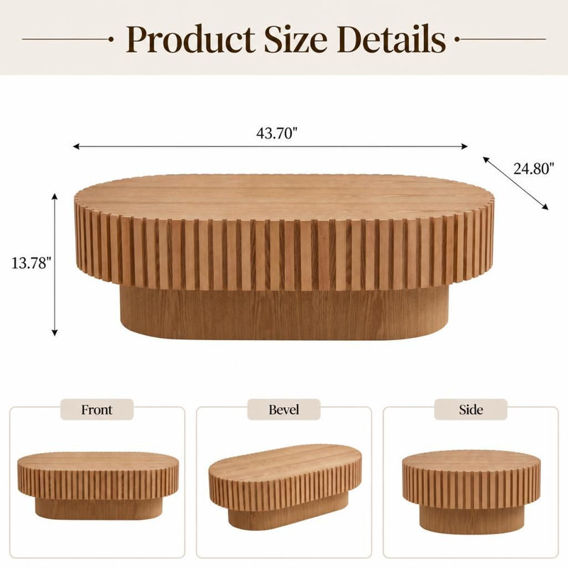 Table basse ovale moderne en forme de tambour, table basse compacte en bois avec pied central robuste, fabriquée artisanalement.