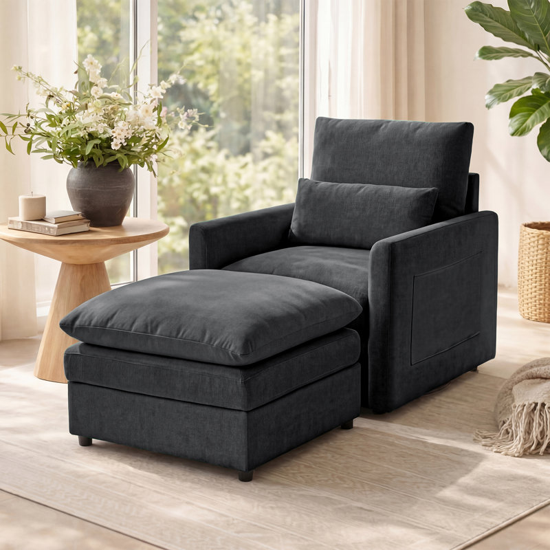 32.5''W Modern Upholstered Accent Chair With Ottoman, Dark Gray