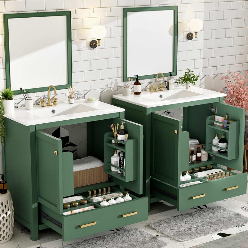 Ensemble de meuble-lavabo 60 po avec lavabos doubles en céramique (séparés), armoire avec tablette de rangement et tiroirs divisés