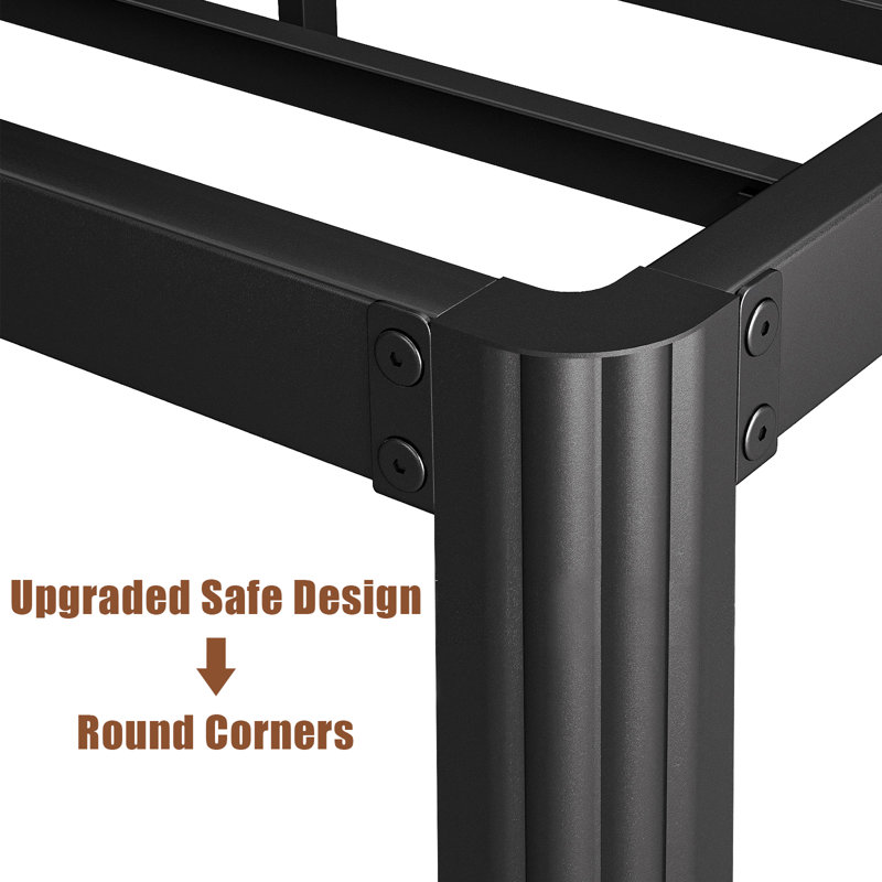 Queen Black Metal Frame Bed with Slats and Rounded Corners