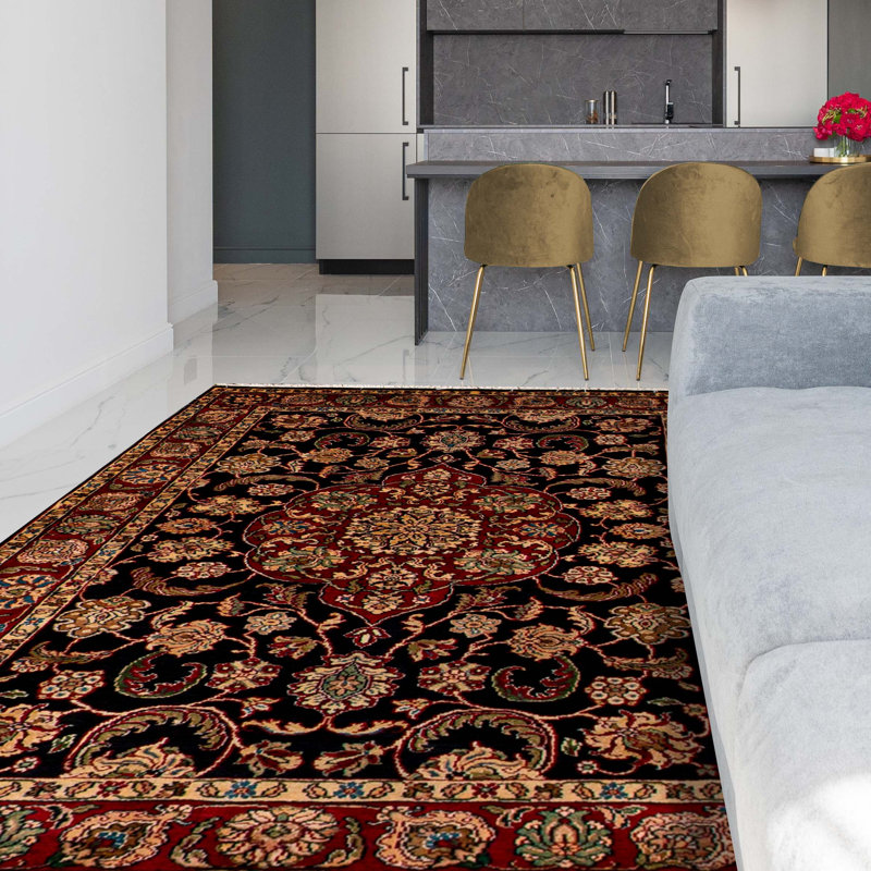 Hand-Knotted High-Quality Black and Red Area Rug