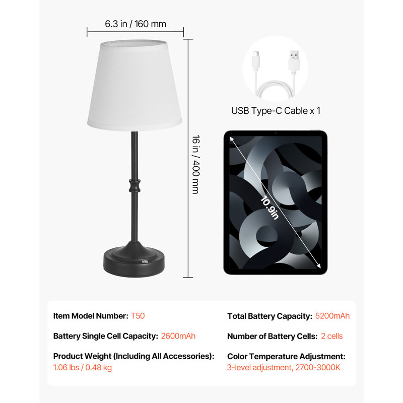 Cordless Table Lamp 5200mAh Rechargeable Battery Desk Lamp Fabric Shade, Black