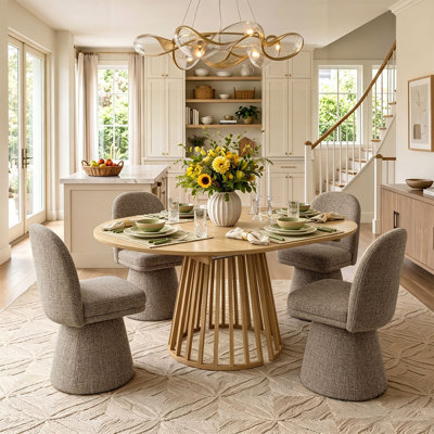 4- Person Dining Table Sets With Extendabe Oval Table & 4 Upholstered Tweed Swivel Chairs