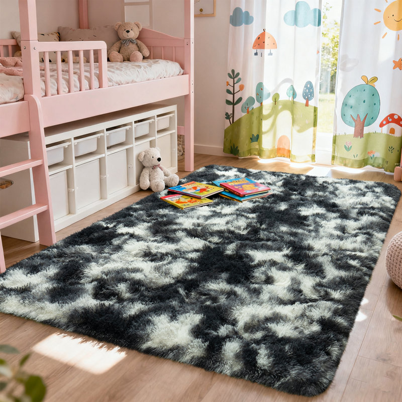 4x6 ft Tie-dyed Black White Shag Rug, Ideal for living room decor, Ultra-Soft Puffy Fluffy Rug for Bedroom Flooring, Aesthetic Carpets Suitable for Kids' Rooms, Dorms, and Home Decor