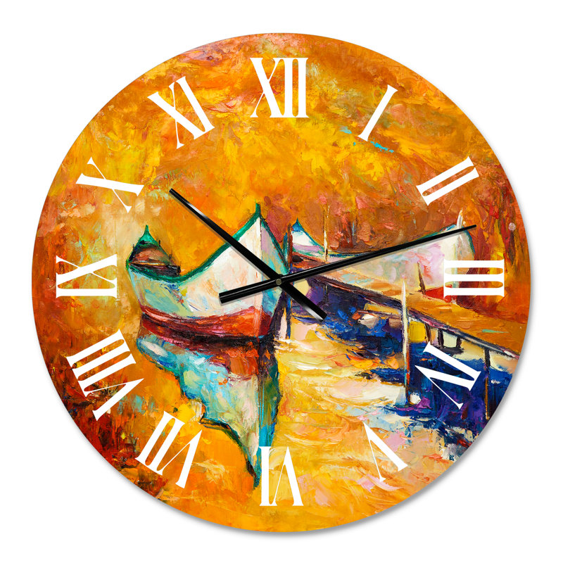 Petit bateau pendant un coucher de soleil chaud et orange - horloge murale nautique et côtière, Petit