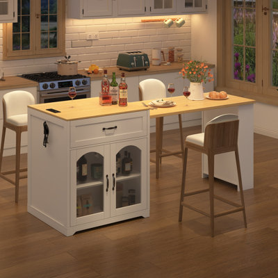 Table de comptoir extensible U_STYLE avec roulettes, table de bar avec prise électrique intégrée, meuble à vin de style campagnard avec tiroirs double face, convient pour la cuisine et le bar à domicile (chaises non comprises)