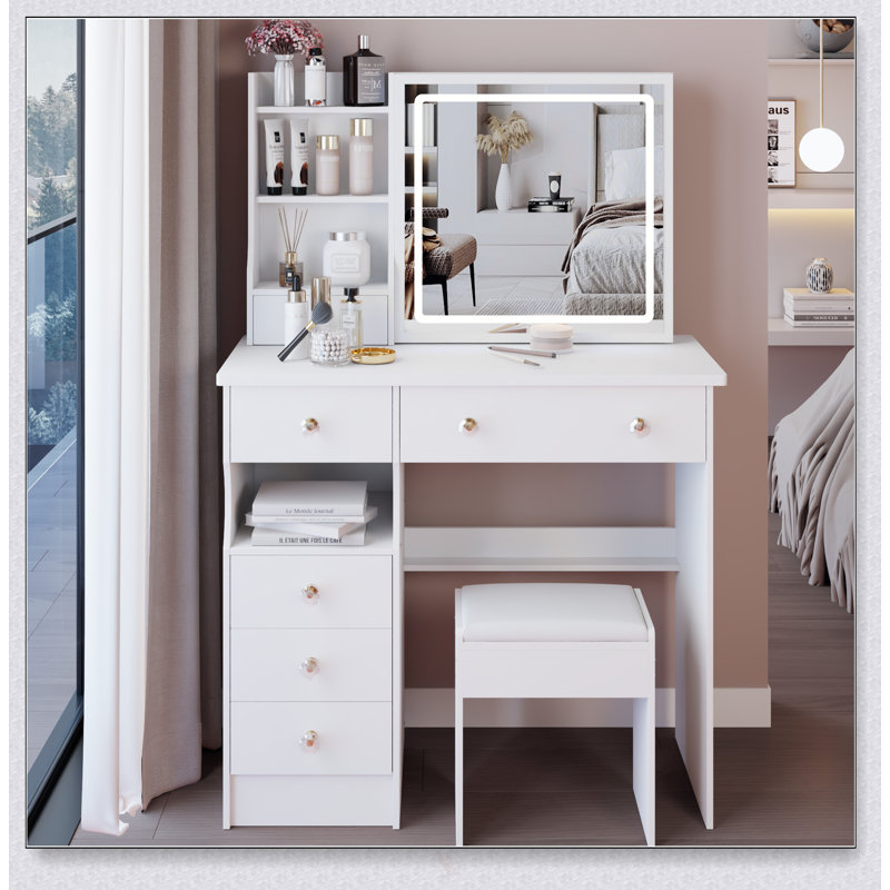 37-Inch Middle Size Vanity Table With Left Drawer, Cushioned Stool, Tri-Color LED Mirror, And High Capacity Storage For Spacious Bedrooms