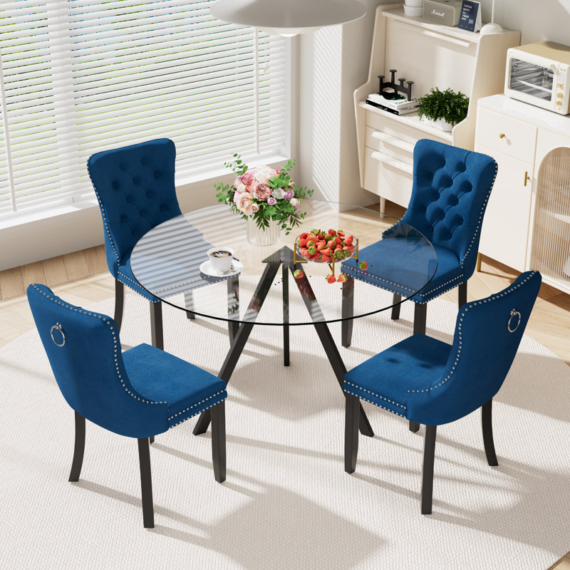 5-Piece Pedestal Dining Set, Blue, 30" H x 47" W x 47" D
