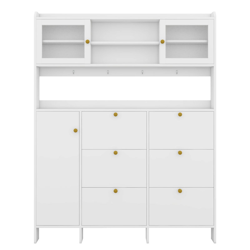 Multifunctional Shoe Cabinet With Storage Shelf & 6 Flip Drawers, Modern Large Hall Tree With Tempered Glass Doors, 4 Hooks