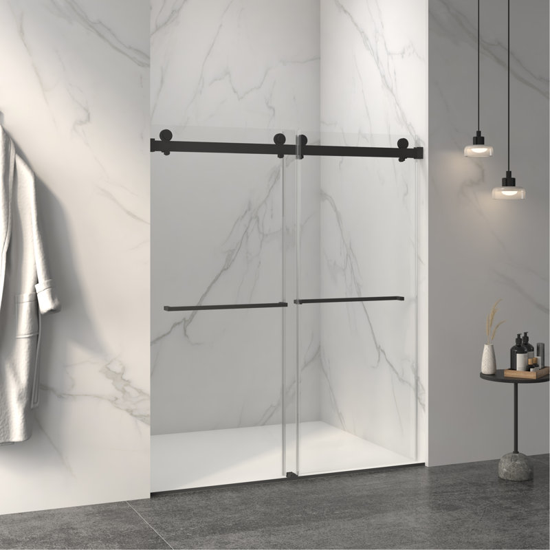 Porte de douche coulissante double sans cadre de 56 à 60 po x H 70 po, verre trempé clair de 5/16 po (8 mm) de large épaisseur, couche facile à nettoyer, avec tampon