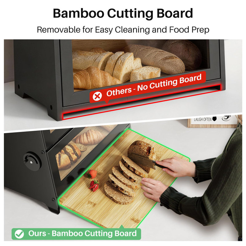 Bread Box - Kitchen Countertop Bread Storage Container With Bamboo Cutting Board, Adjustable Vent Hole Dials, Black