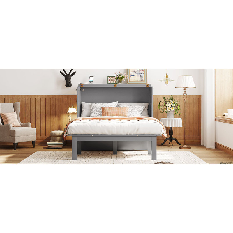 Lit escamotable avec port USB et tablettes amovibles de chaque côté, Gris, Lit double