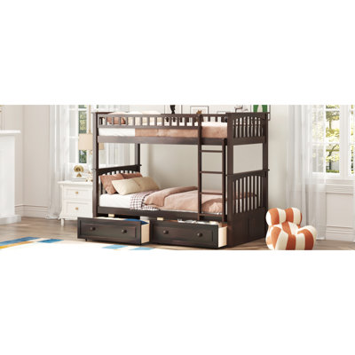 Convertible Twin Bunk Bed, Color, Pine Wood And , Drawers, Fence Guardrails, Bedroom Bed Option Design, Sleep