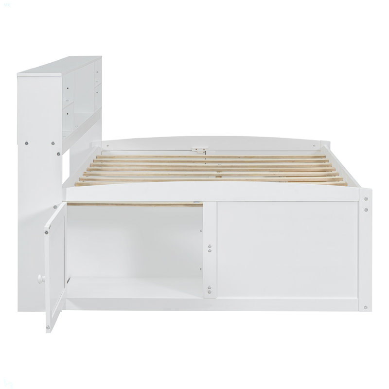 Lit de jour pleine grandeur en bois avec 2 armoires de chevet, tablettes supérieures et 4 tiroirs, Blanc
