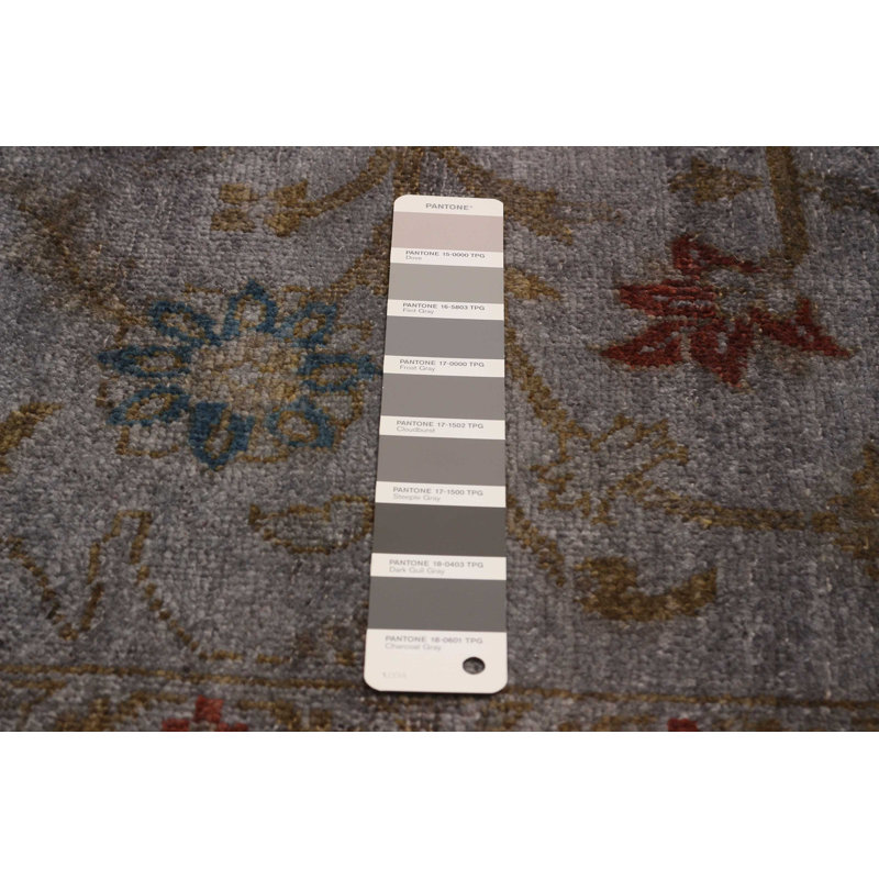 Tapis gris en laine noué à la main de conception unique 7 pi 9 po x 9 pi 9 po
