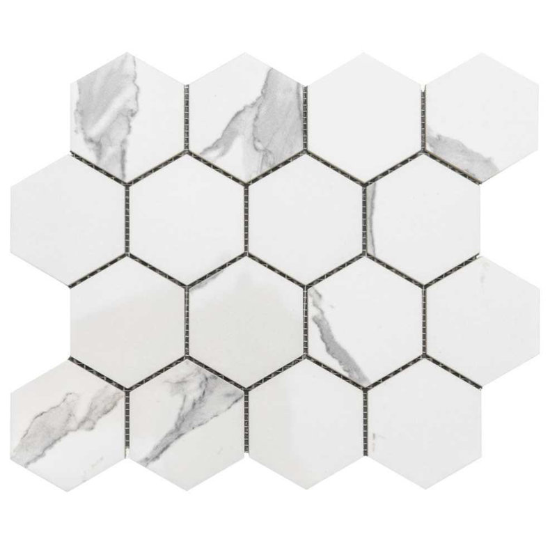 Stately Hex 11" x 14" Porcelain Mosaic Tile, Calacatta