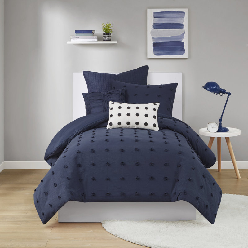 Navy Cotton Jacquard Twin/Twin XL Duvet Cover Set with Shams