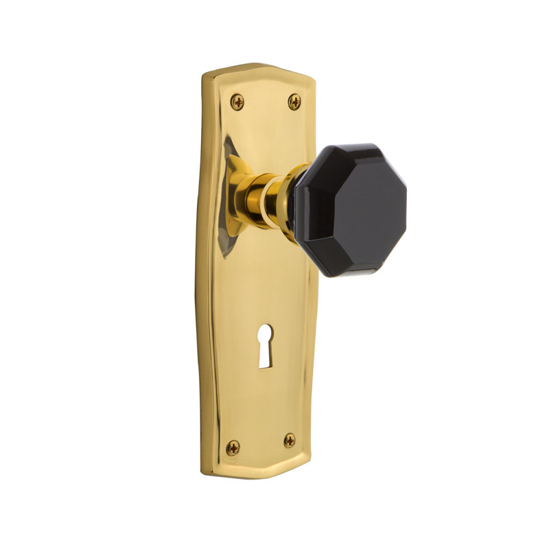 Prairie Plate with Decorative Keyhole and Waldorf Black Door Knob, Unlaquered Brass