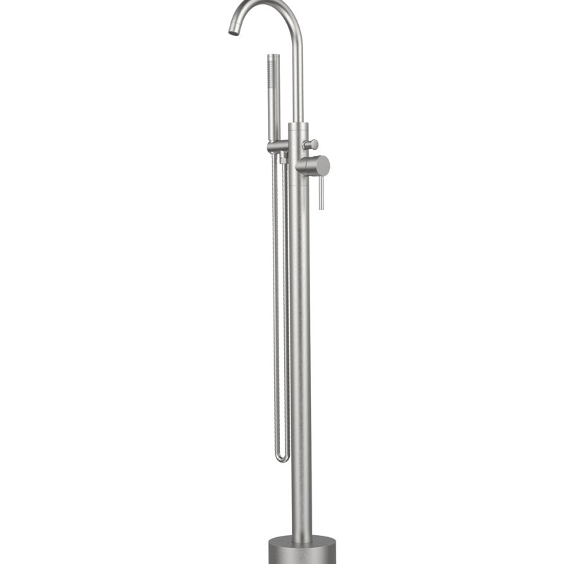 Freestanding Tub Faucet And Hand Shower - Stainless Steel & Brass, Floor Mount, Brushed Nickel, High Flow, 360 Rotating Spout Bathroom With Matte Black, Swivel