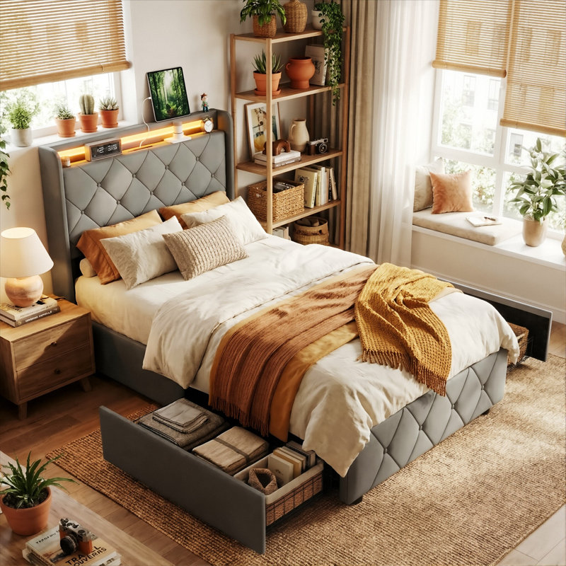 Smart Velvet Bed Frame with LED Charging Headboard, Tufted Upholstered Frame with Storage Drawers, Grey/Beige in Multiple Size (EU Single, Double & King)