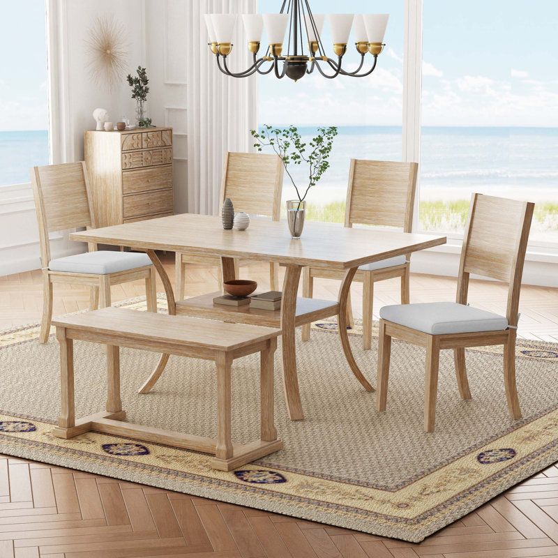 Ensemble de table de salle à manger en bois 6 pièces avec banc et 4 chaises, Natural, Beige, Naturel / naturel