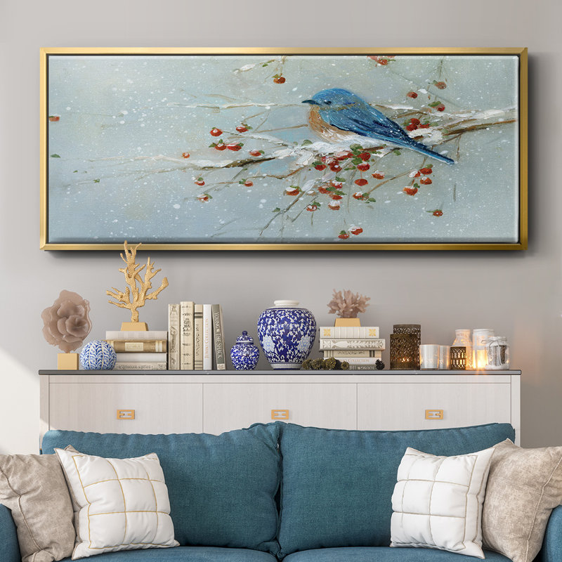 Oiseau bleu en hiver - toile encadrée, 24" H x 60" W