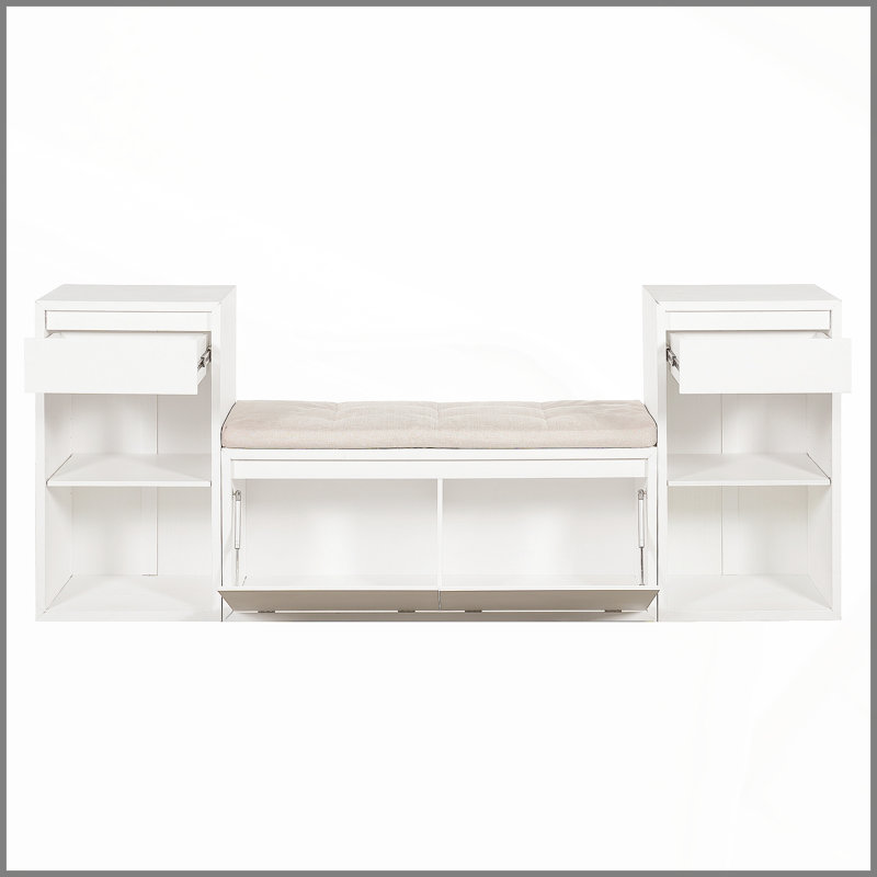 Banc de rangement tout-en-un avec coussin, compartiments, tiroirs et tablettes ouvertes, banc de rangement pour couloir, vestibule, salon (blanc)