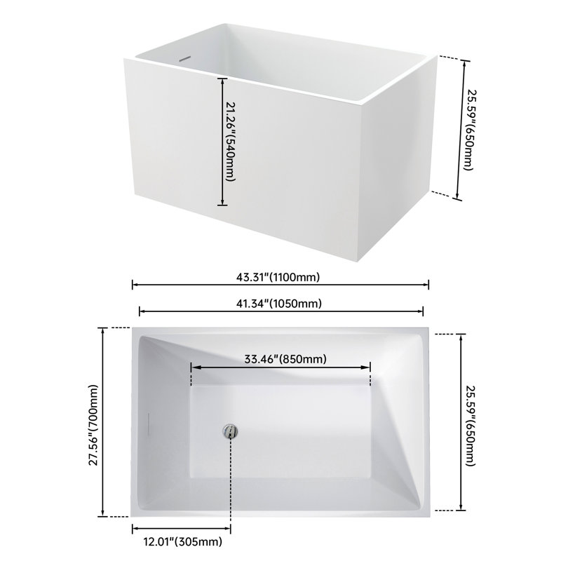 43-Inch Modern White Acrylic Soaker Bathtub With Non-Slip Design, High Gloss, Fiberglass Reinforcement, Comfortable Square Shape And Design For Deep Soaking, Luxury Chic Style Bath Tub, 43.25 Inches