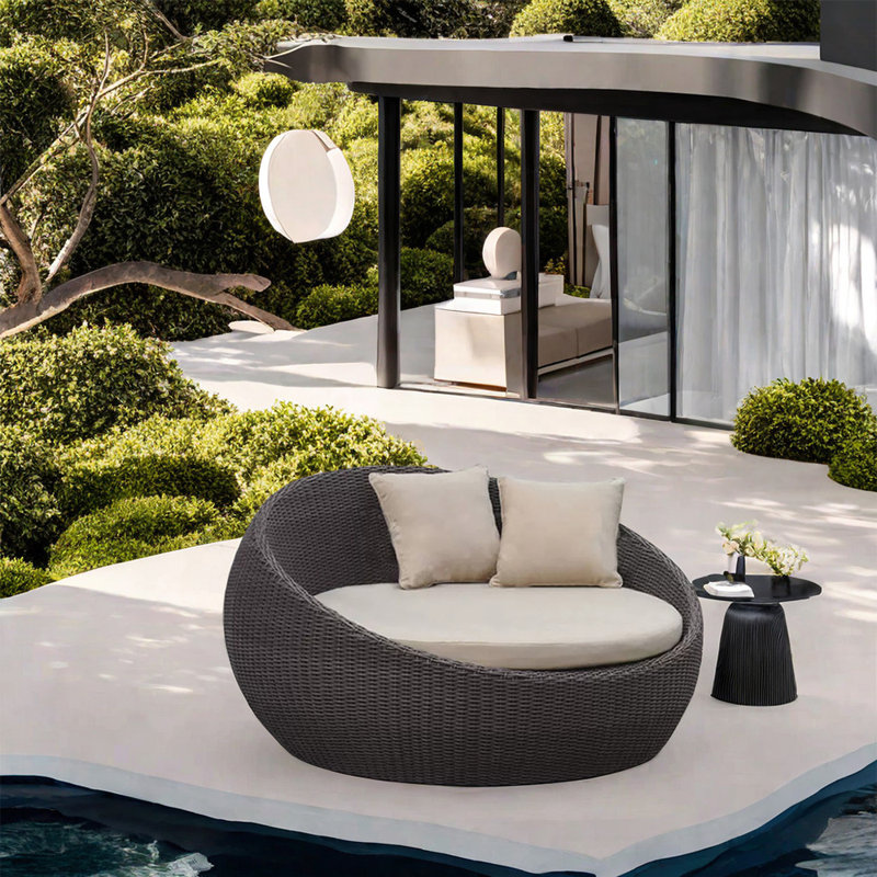 Rattan Courtyard Patio Daybed 55.12'' Wide Circle Wicker Patio Daybed with Cushions, Black