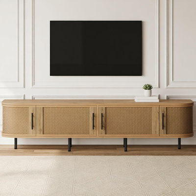 Meuble télé 70 po avec portes en rotin pour téléviseur de 80 po ou moins, console média avec espace de rangement et trous pour câbles, meuble audio-vidéo pour salon