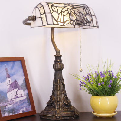 Lampe de banquier de style Tiffany, petit bureau de table en verre teinté à la main blanc, abat-jour réglable, mémoire de luxe, lecture, étude, chevet, veilleuse de 15 po de hauteur pour piano, bibliothèque, bureau, salon, chambre à coucher