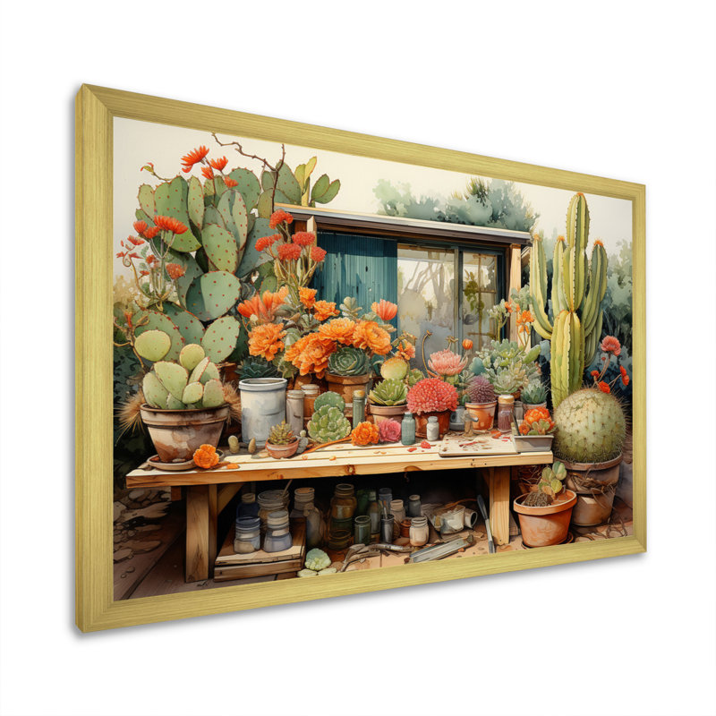 «Mexico Cactus Oasis Impasto III», reproduction d'art sur toile, H 34 po x l 44 po x P 1,5 po, Cadre doré simple