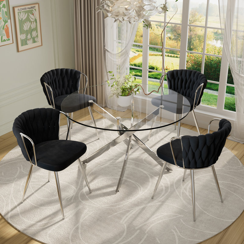 5-Piece Round Glass Dining Table Set, 29.5"H x 47.24"L x 47.24"W, Black