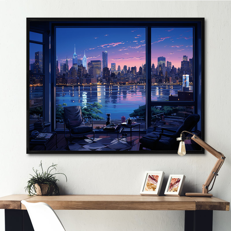 «Blue NYC at Night Window View III - New York City», art sur toile, Cadre flottant noir, H 24 po x l 32 po x P 1 po