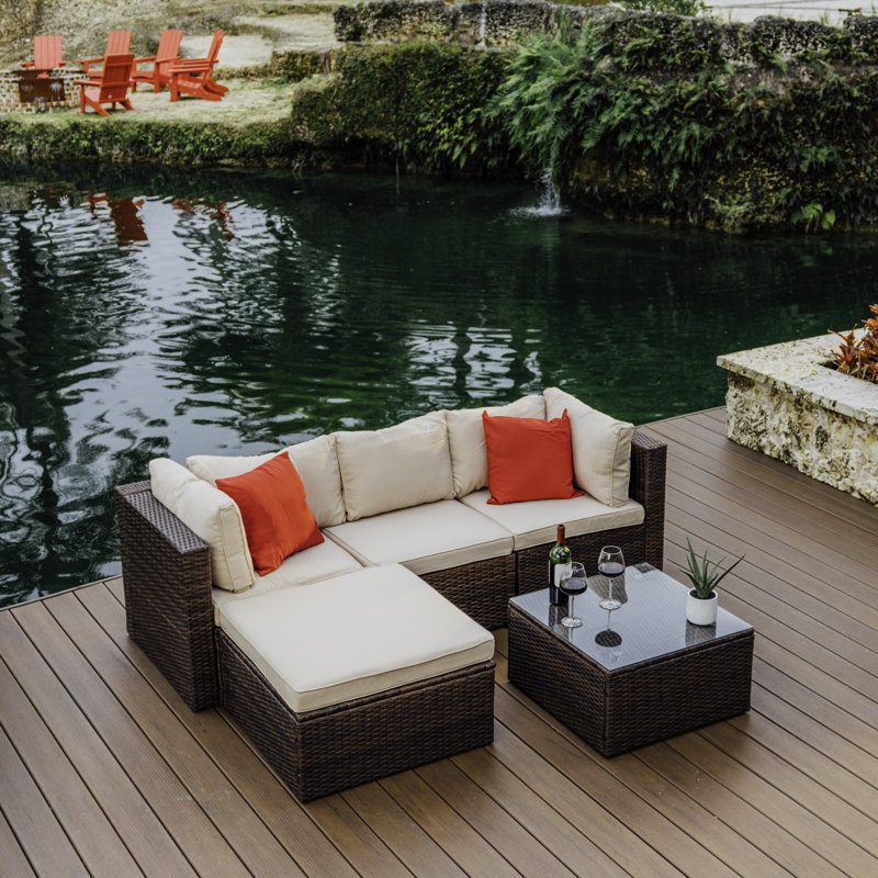 Slunce 4 - Person Outdoor Seating Group with Cushions (Set Of 5), Brown Frame/Beige Cushion