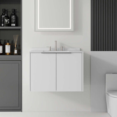 Meuble-lavabo flottant avec lavabo à débordement et portes à fermeture en douceur
