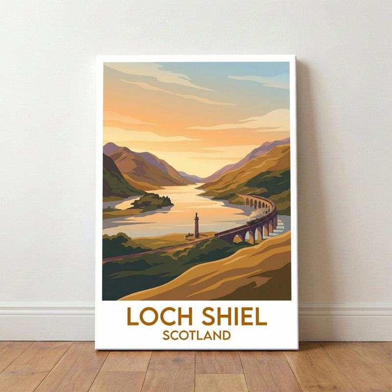 Loch Shiel, Scotland - Highland Loch Travel Poster, Glenfinnan Sunset. Giclee Print on Wrapped Canvas. Wall Art, Home Decor - Natural Landmarks, Scotland 1 Piece Wrapped Canvas Wall Art