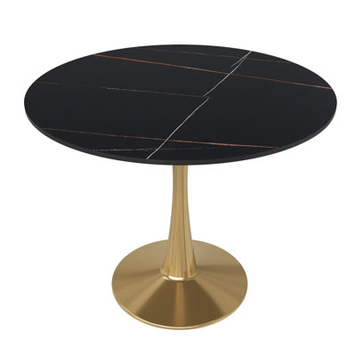 Dustin Round Dining Table with Sintered Stone Top and Gold Pedestal Steel Base - Seats 4 Person for Kitchen and Dining Room