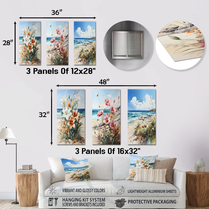 Fleurs saisonnières sur la plage - Ensemble de 3 fleurs murales en métal, H 32 po x l 48 po