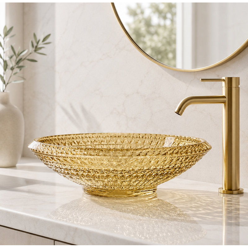 Lavabo de salle de bain vasque ronde en verre 18 "avec motif de cristaux ornés Celestial, Champagne