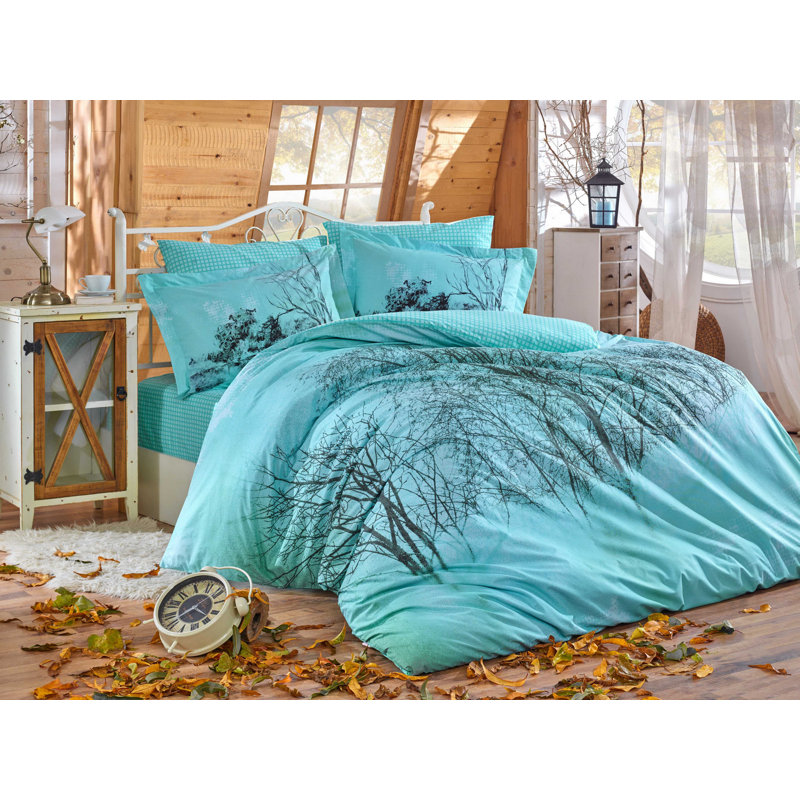 Ensemble de housse de couette 100% coton Eula turquoise / noir 4 pièces